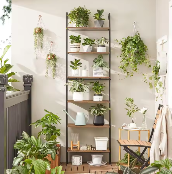 6-laags ladder boekenplank – Industriële stijl, hout en staal, multifunctionele opberger voor boeken, decoratie, woonkamer, kantoor of slaapkamer