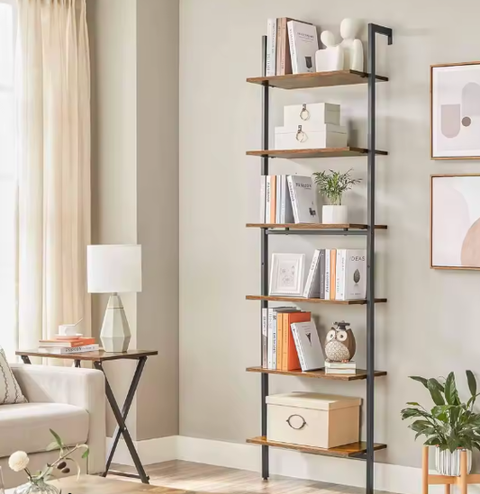6-laags ladder boekenplank – Industriële stijl, hout en staal, multifunctionele opberger voor boeken, decoratie, woonkamer, kantoor of slaapkamer