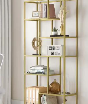 6-laagse Boekenplank met Geharde Glazen Planken – Stabiel Stalen Frame, Ruime Opberg- en Displaykast