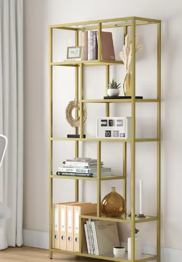 6-laagse Boekenplank met Geharde Glazen Planken – Stabiel Stalen Frame, Ruime Opberg- en Displaykast