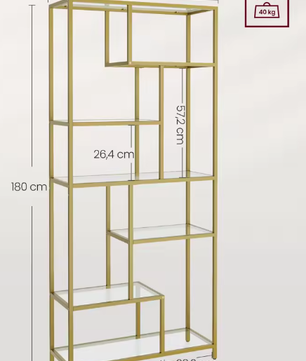 6-laagse Boekenplank met Geharde Glazen Planken – Stabiel Stalen Frame, Ruime Opberg- en Displaykast