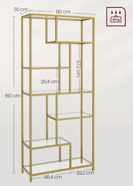 6-laagse Boekenplank met Geharde Glazen Planken – Stabiel Stalen Frame, Ruime Opberg- en Displaykast