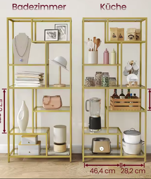 6-laagse Boekenplank met Geharde Glazen Planken – Stabiel Stalen Frame, Ruime Opberg- en Displaykast