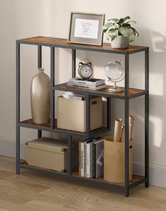 Moderne 4-laagse Boekenplank – Stalen Frame & Houtspaanplaten, Robuust Opbergrek voor Boeken, Decoraties en Kantooraccessoires, 30x100x103 cm