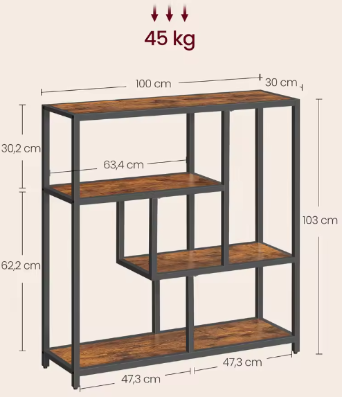 Moderne 4-laagse Boekenplank – Stalen Frame & Houtspaanplaten, Robuust Opbergrek voor Boeken, Decoraties en Kantooraccessoires, 30x100x103 cm