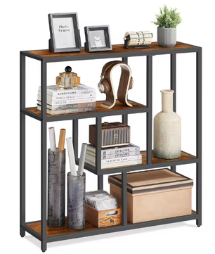 Moderne 4-laagse Boekenplank – Stalen Frame & Houtspaanplaten, Robuust Opbergrek voor Boeken, Decoraties en Kantooraccessoires, 30x100x103 cm