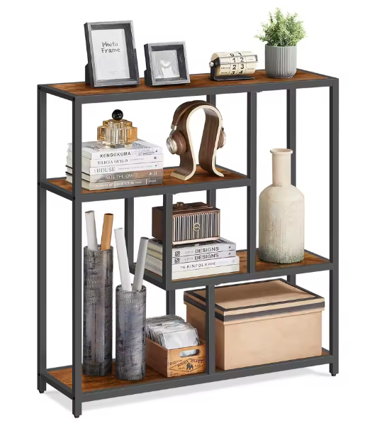 Moderne 4-laagse Boekenplank – Stalen Frame & Houtspaanplaten, Robuust Opbergrek voor Boeken, Decoraties en Kantooraccessoires, 30x100x103 cm