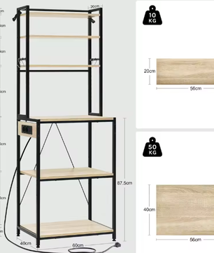 6-laags Keukenopbergrek met Stopcontact – Staande Plank voor Magnetron en Organizer