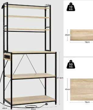 6-laags Keukenopbergrek met Stopcontact – Staande Plank voor Magnetron en Organizer