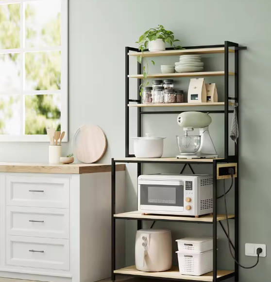 6-laags Keukenopbergrek met Stopcontact – Staande Plank voor Magnetron en Organizer