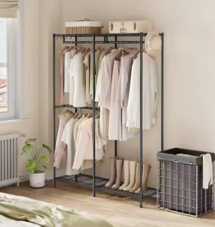 Verstelbaar Open Kledingrek – Met 3 Stangen en 4 Planken, Stalen Opbergkast