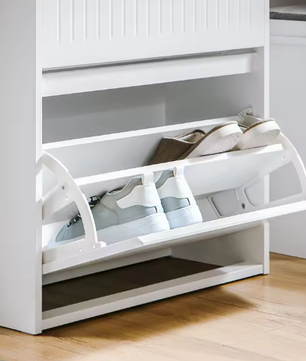 Schoenenkast met 2 Kleppen en Lade – Smal Schoenenrek met 4 Opbergplanken, Wit