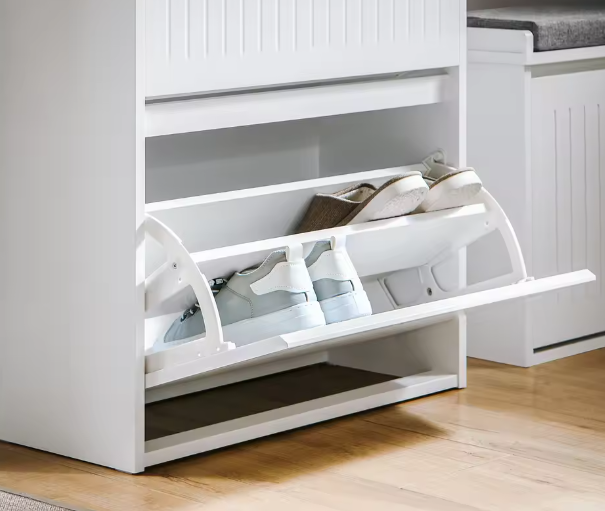 Schoenenkast met 2 Kleppen en Lade – Smal Schoenenrek met 4 Opbergplanken, Wit