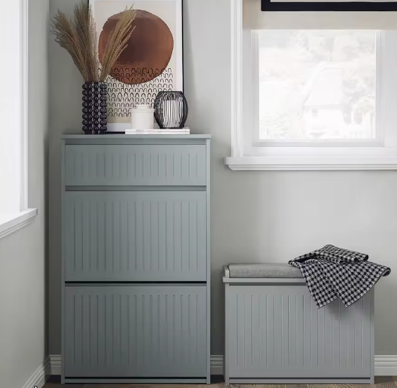 Schoenenkast met 2 Kleppen en Lade – Smal Schoenenrek met 4 Opbergplanken, Wit