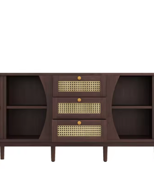 Dressoir met Rotan Schuifdeuren – Verstelbare Planken en amp; Afgerond Bovenblad, Modern Opbergmeubel voor Woonkamer