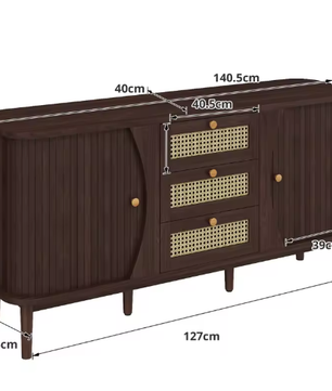 Dressoir met Rotan Schuifdeuren – Verstelbare Planken en amp; Afgerond Bovenblad, Modern Opbergmeubel voor Woonkamer