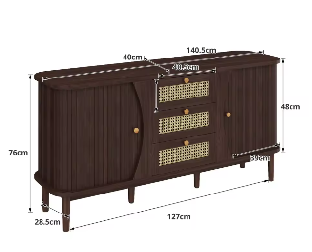 Dressoir met Rotan Schuifdeuren – Verstelbare Planken en amp; Afgerond Bovenblad, Modern Opbergmeubel voor Woonkamer