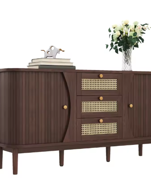 Dressoir met Rotan Schuifdeuren – Verstelbare Planken en amp; Afgerond Bovenblad, Modern Opbergmeubel voor Woonkamer