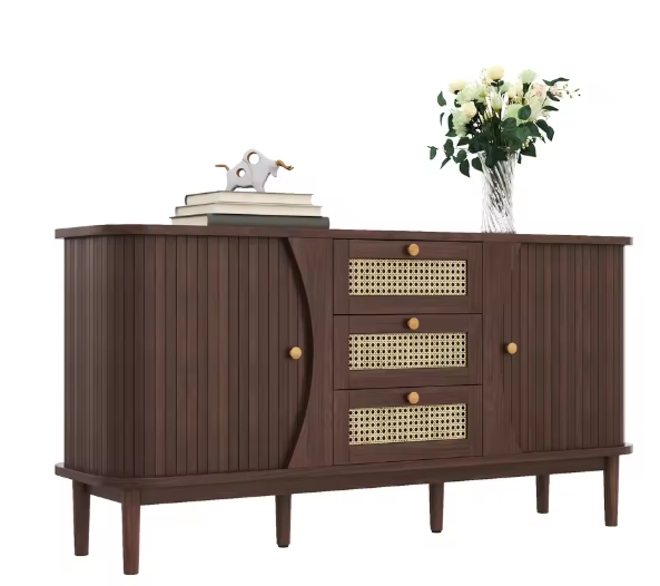 Dressoir met Rotan Schuifdeuren – Verstelbare Planken en amp; Afgerond Bovenblad, Modern Opbergmeubel voor Woonkamer