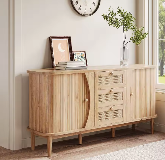 Dressoir met Rotan Schuifdeuren – Verstelbare Planken en amp; Afgerond Bovenblad, Modern Opbergmeubel voor Woonkamer