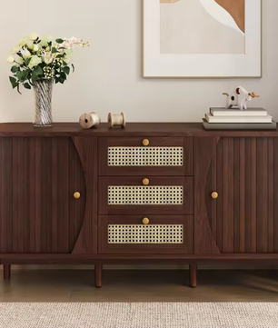 Dressoir met Rotan Schuifdeuren – Verstelbare Planken en amp; Afgerond Bovenblad, Modern Opbergmeubel voor Woonkamer