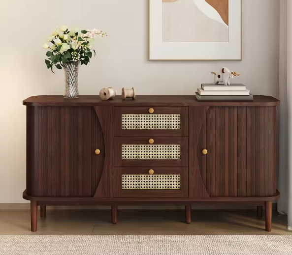 Dressoir met Rotan Schuifdeuren – Verstelbare Planken en amp; Afgerond Bovenblad, Modern Opbergmeubel voor Woonkamer