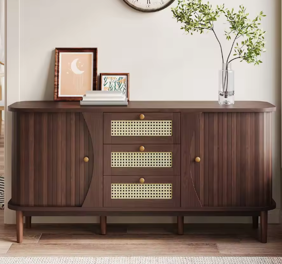 Dressoir met Rotan Schuifdeuren – Verstelbare Planken en amp; Afgerond Bovenblad, Modern Opbergmeubel voor Woonkamer