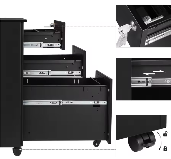 Rolcontainer met 3 Lades – Stalen Archiefkast op Wielen met Slot, 45×30×60 cm