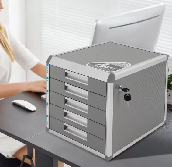 Bureau Organizer met 5 Lades – Aluminium Opbergkast met Slot voor Documenten en Kantoor