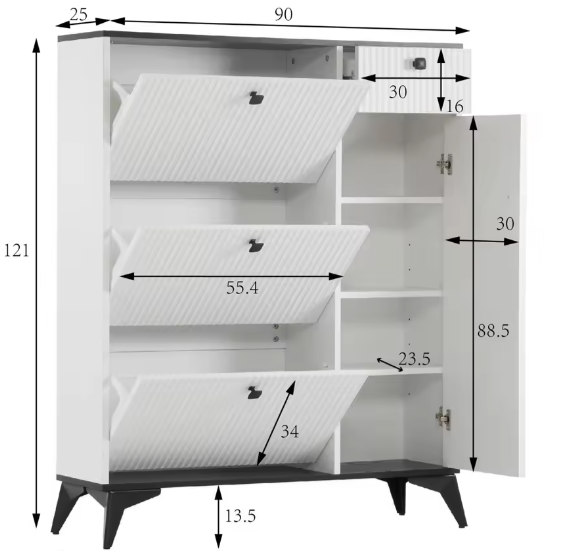 Schoenenkast met 3 Kleppen en Lade – Witte Hal Kast