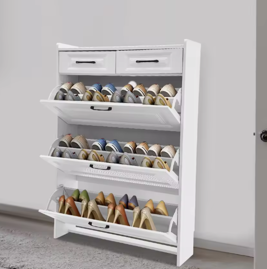 Smalle Schoenenkast met 2 Lades en amp; 3 Klapvakken – Wit – Vrijstaand