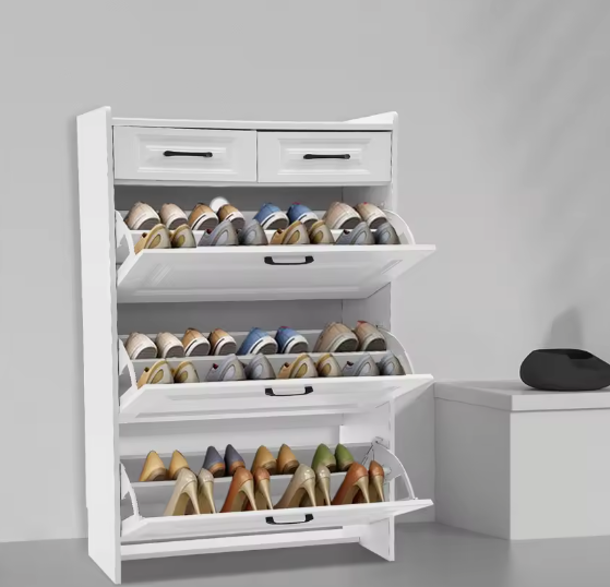 Smalle Schoenenkast met 2 Lades en amp; 3 Klapvakken – Wit – Vrijstaand