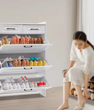 Smalle Schoenenkast met 2 Lades en amp; 3 Klapvakken – Wit – Vrijstaand