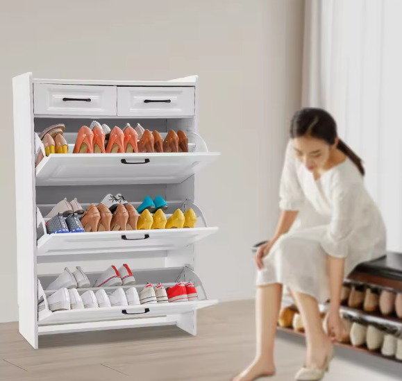 Smalle Schoenenkast met 2 Lades en amp; 3 Klapvakken – Wit – Vrijstaand