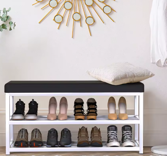 Schoenenbank met Kussen – 2 Niveaus Schoenenrek – 90 cm