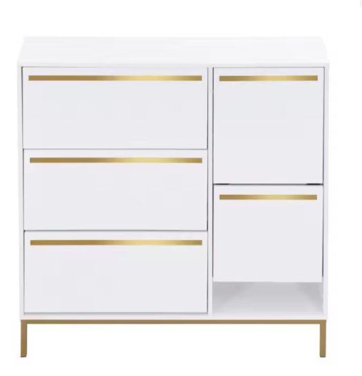 Schoenenkast met Zitje en Open Vakken – 105 cm – Wit en amp; Goud