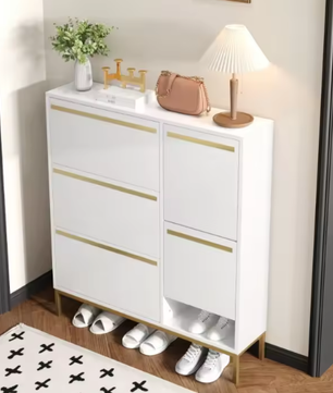 Schoenenkast met Zitje en Open Vakken – 105 cm – Wit en amp; Goud