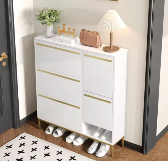 Schoenenkast met Zitje en Open Vakken – 105 cm – Wit en amp; Goud