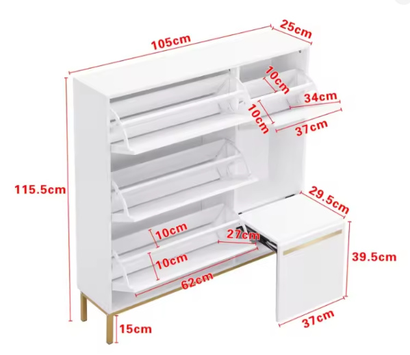Schoenenkast met Zitje en Open Vakken – 105 cm – Wit en amp; Goud