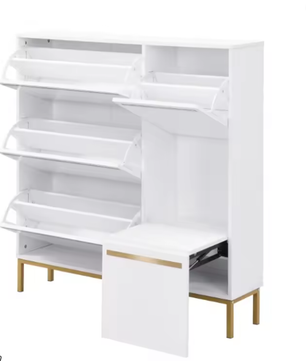 Schoenenkast met Zitje en Open Vakken – 105 cm – Wit en amp; Goud