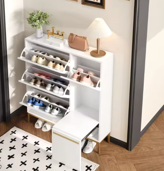 Schoenenkast met Zitje en Open Vakken – 105 cm – Wit en amp; Goud