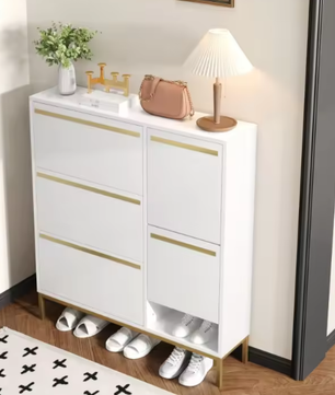 Schoenenkast met Zitje en Open Vakken – 105 cm – Wit en amp; Goud