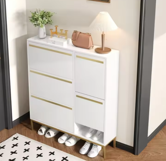 Schoenenkast met Zitje en Open Vakken – 105 cm – Wit en amp; Goud