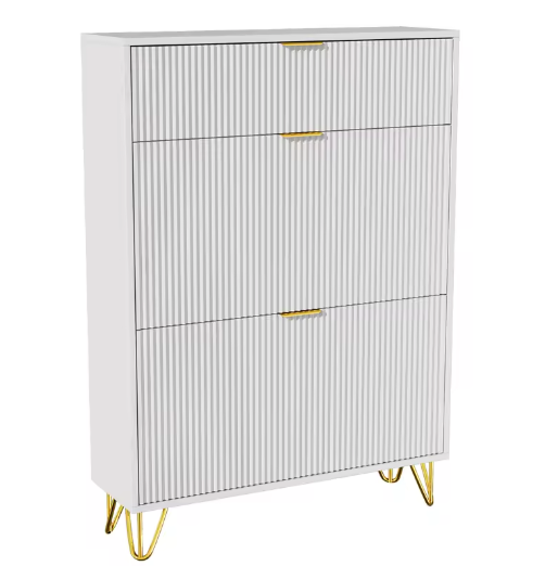 Schoenenkast met 3 Deuren en amp; Lade – Golvend Front, Wit – 80x24x118,5 cm