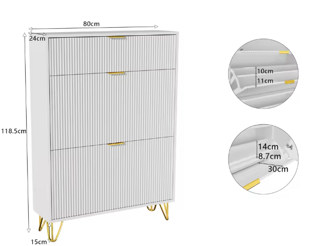 Schoenenkast met 3 Deuren en amp; Lade – Golvend Front, Wit – 80x24x118,5 cm