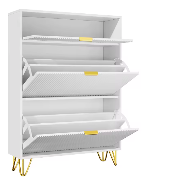 Schoenenkast met 3 Deuren en amp; Lade – Golvend Front, Wit – 80x24x118,5 cm