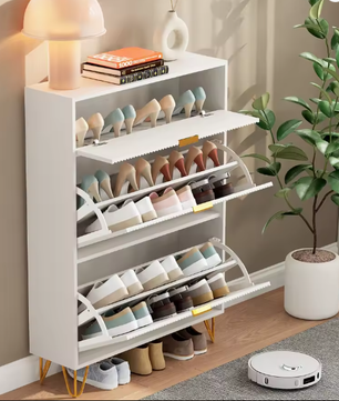 Schoenenkast met 3 Deuren en amp; Lade – Golvend Front, Wit – 80x24x118,5 cm