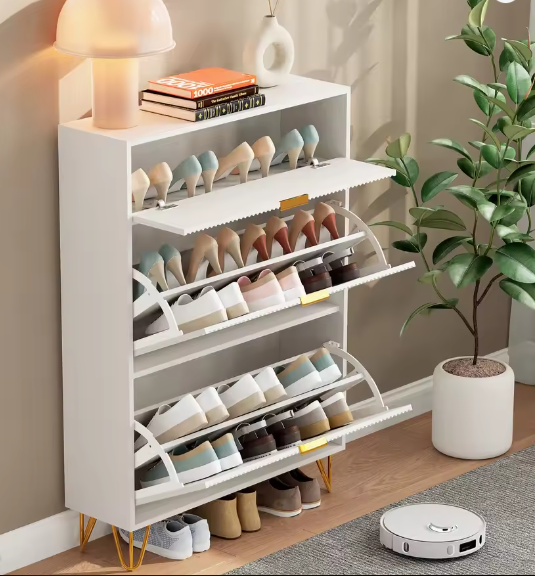 Schoenenkast met 3 Deuren en amp; Lade – Golvend Front, Wit – 80x24x118,5 cm