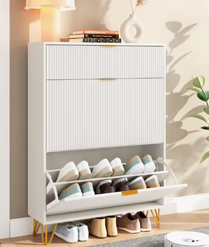 Schoenenkast met 3 Deuren en amp; Lade – Golvend Front, Wit – 80x24x118,5 cm