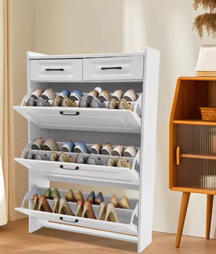 Schoenenkast met 3 kleppen en 2 lades – Smal en Modern – Wit